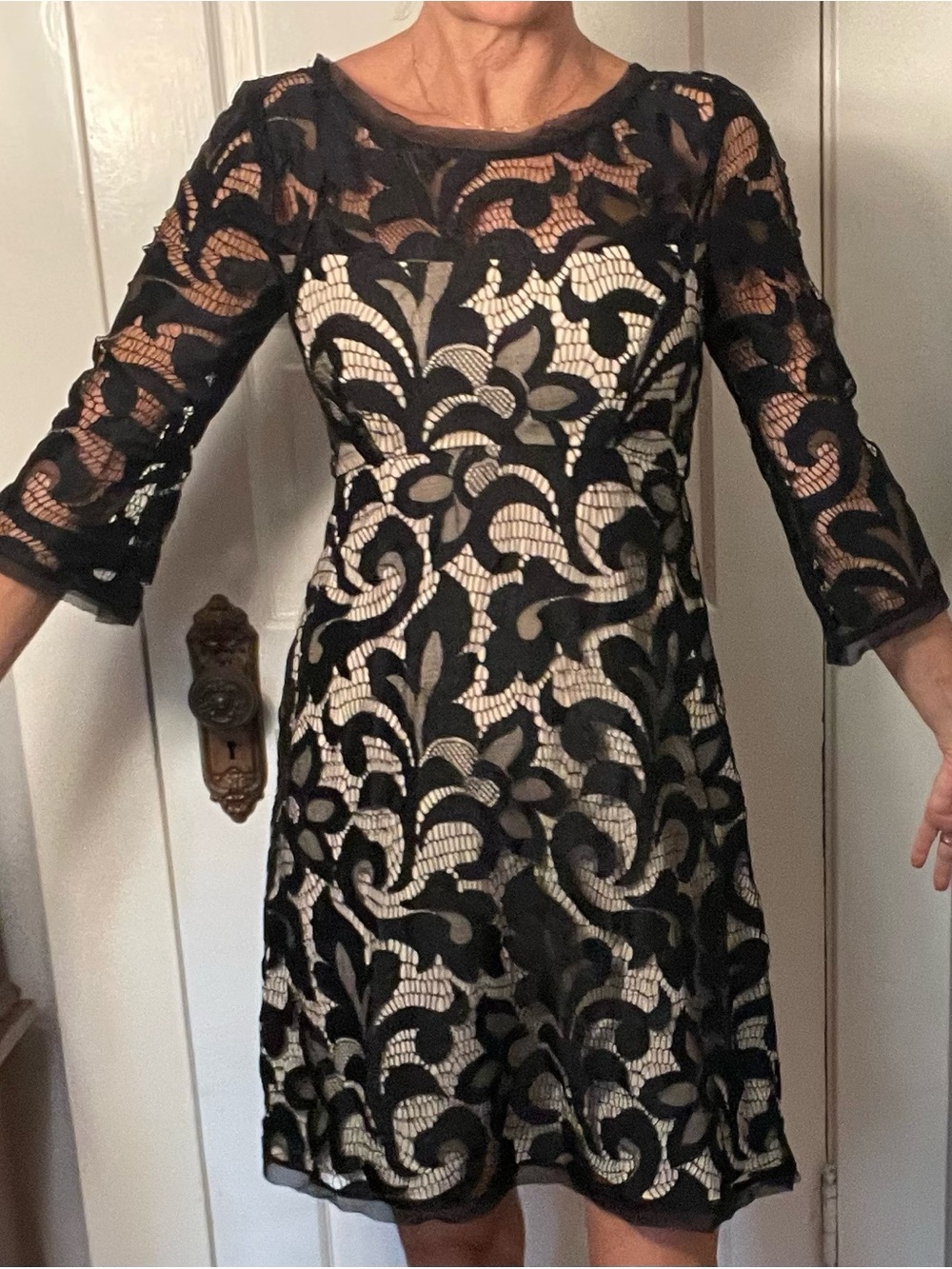 ABS new with tags Elegant Black Lace Overlay Dress with Nude Lining